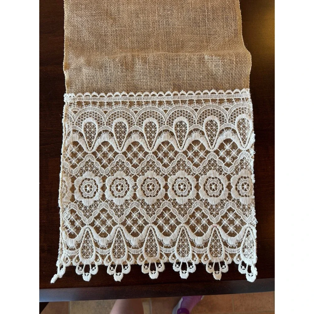 Handmade Burlap Lace Table Runner 12x108 Rustic Wedding Cottagecore Farmhouse